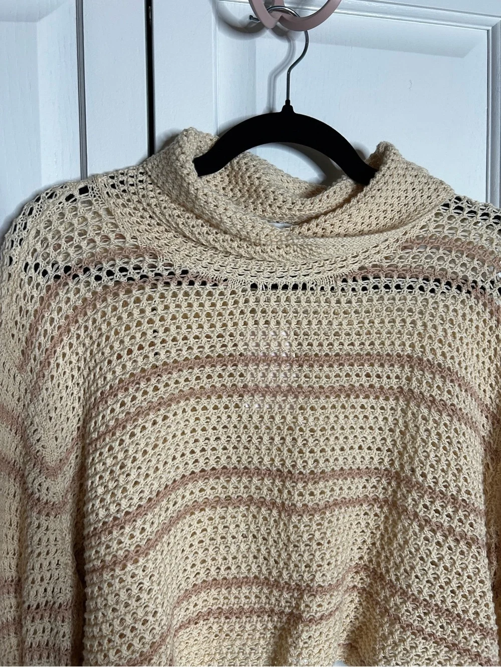 Free People Cropped Open-Knit Turtleneck Sweater in Beige and Brown